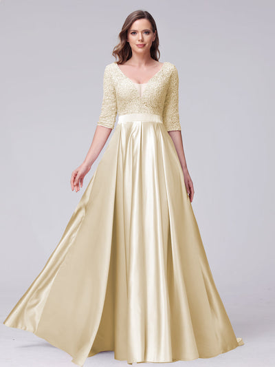 A-Line V-Neck Half Sleeves Applique Long Satin Bridesmaid Dresses With Split Side Pockets