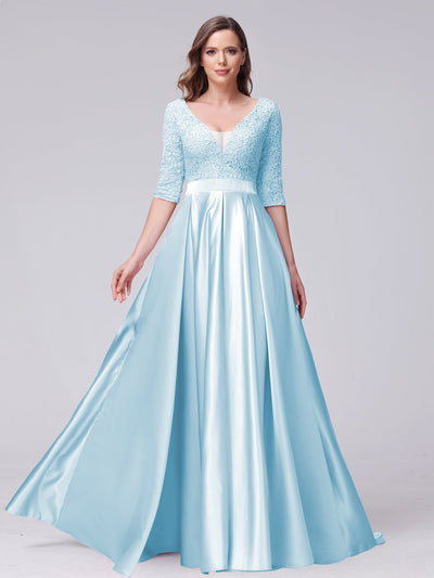 A-Line V-Neck Half Sleeves Applique Long Satin Bridesmaid Dresses With Split Side Pockets