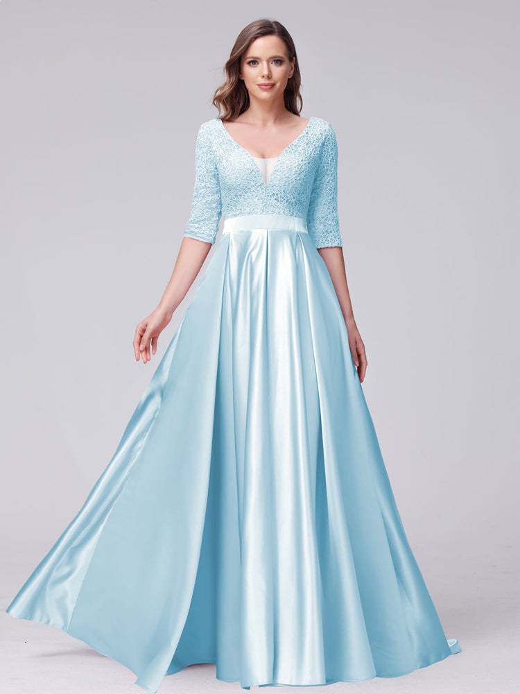 A-Line Knee-length V-neck Cap Sleeves Satin Dress Ocean Blue main image 1