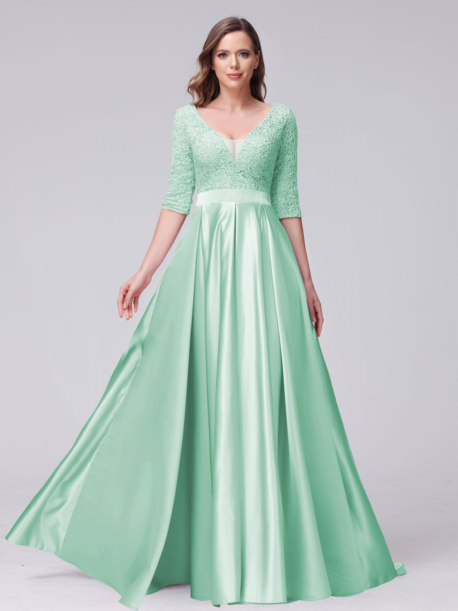 A-Line V-Neck Half Sleeves Applique Long Satin Bridesmaid Dresses With Split Side Pockets