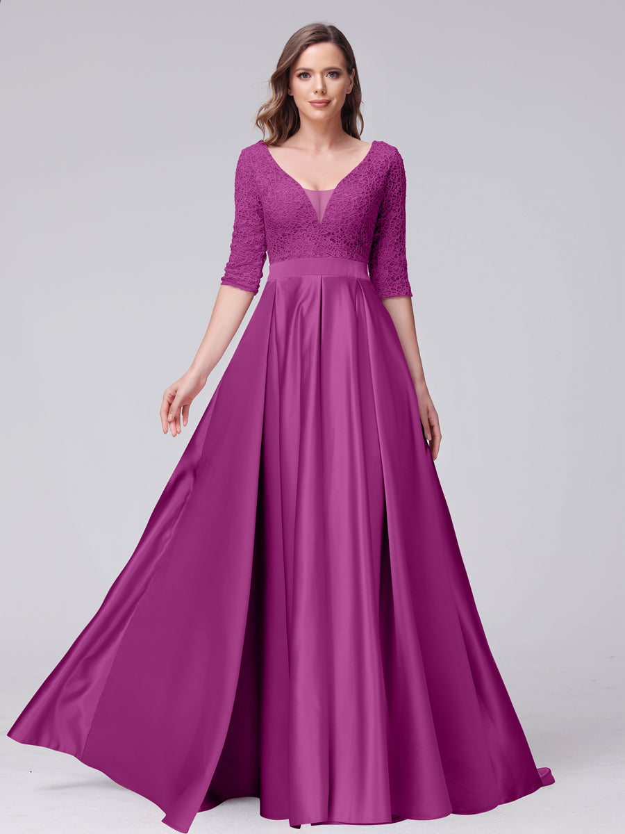 A-Line V-Neck Half Sleeves Applique Long Satin Bridesmaid Dresses With Split Side Pockets