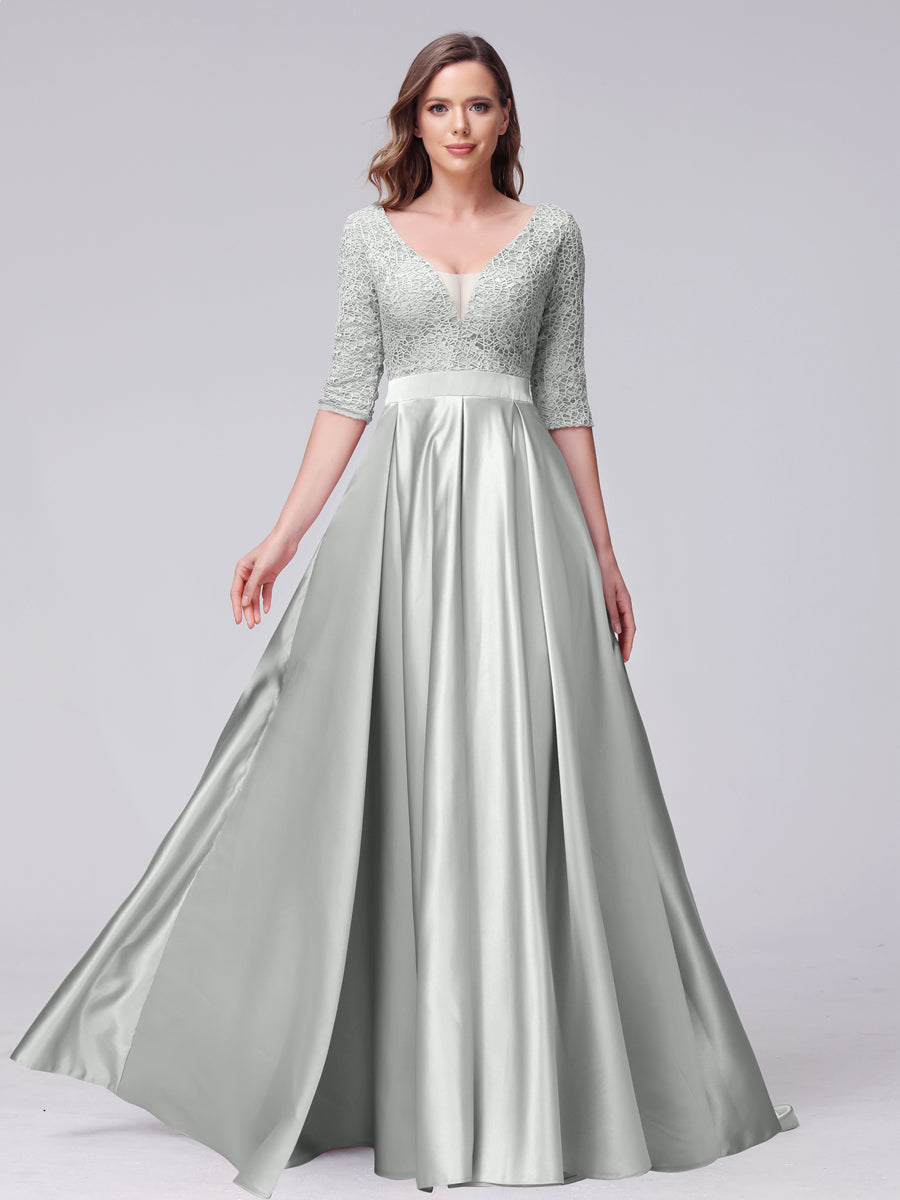 A-Line V-Neck Half Sleeves Applique Long Satin Bridesmaid Dresses With Split Side Pockets