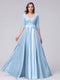 A-Line V-Neck Half Sleeves Applique Long Satin Bridesmaid Dresses With Split Side Pockets