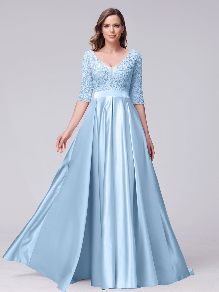 A-Line V-Neck Half Sleeves Applique Long Satin Bridesmaid Dresses With Split Side Pockets