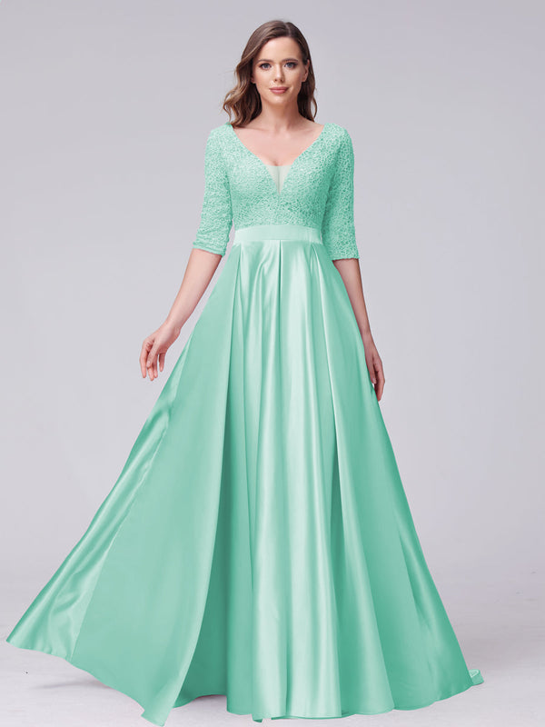 A-Line V-Neck Half Sleeves Applique Long Satin Bridesmaid Dresses With Split Side Pockets
