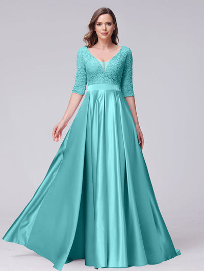 A-Line V-Neck Half Sleeves Applique Long Satin Bridesmaid Dresses With Split Side Pockets