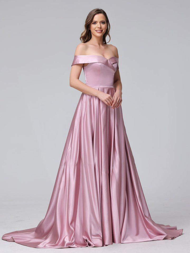 A-Line Off-the-Shoulder Long Satin Evening Dresses with Split Side &amp; Pockets