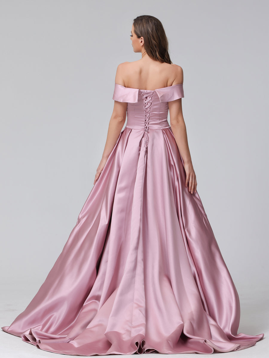 A-Line Off-the-Shoulder Long Satin Evening Dresses with Split Side &amp; Pockets