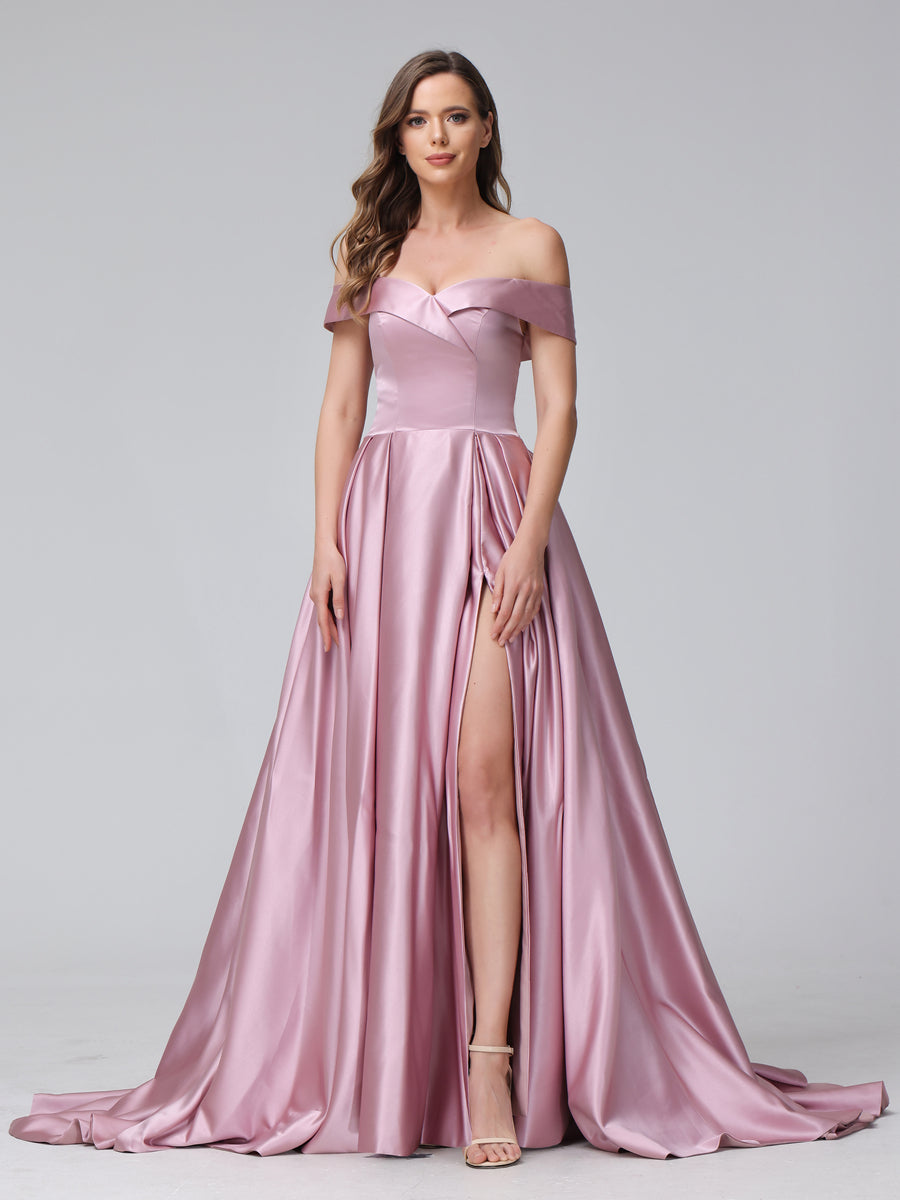 A-Line Off-the-Shoulder Long Satin Evening Dresses with Split Side &amp; Pockets