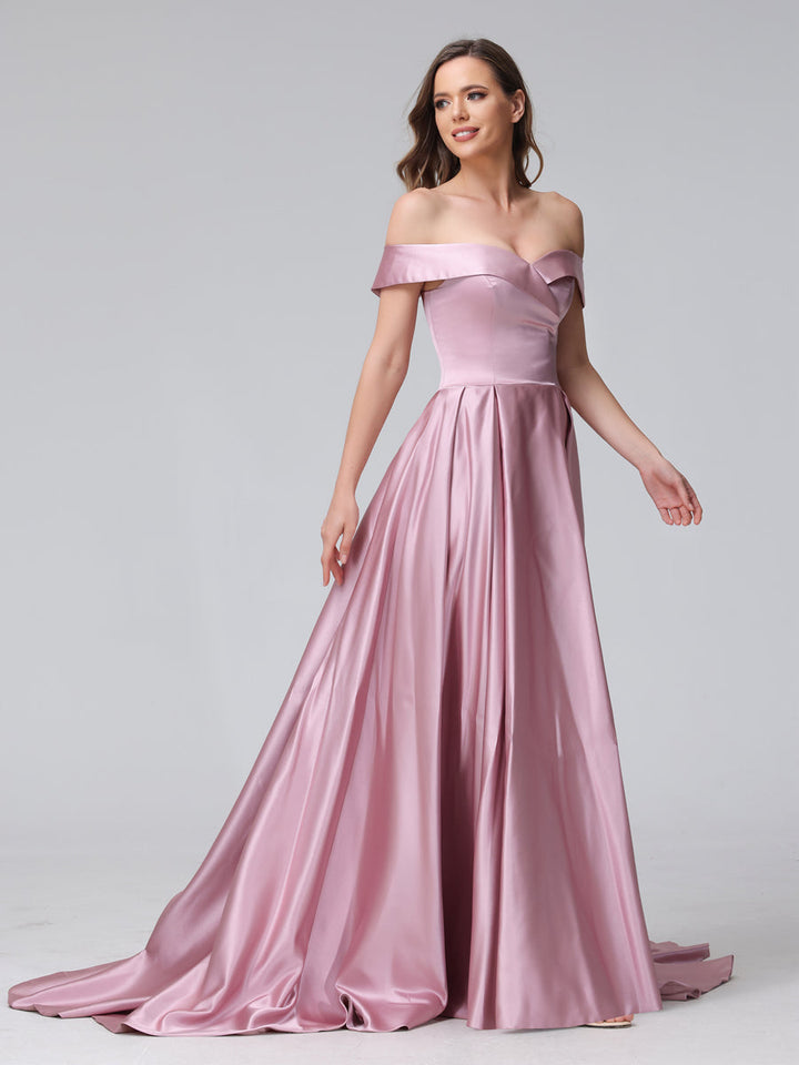 A-Line Off-the-Shoulder Long Satin Evening Dresses with Split Side &amp; Pockets
