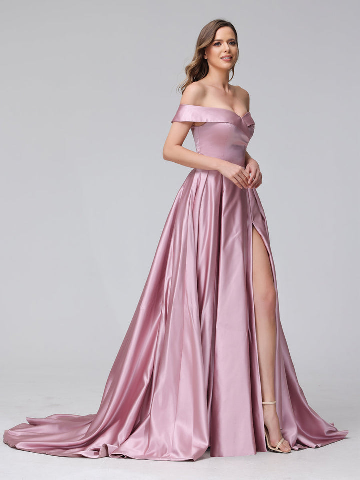 A-Line Off-the-Shoulder Long Satin Evening Dresses with Split Side &amp; Pockets