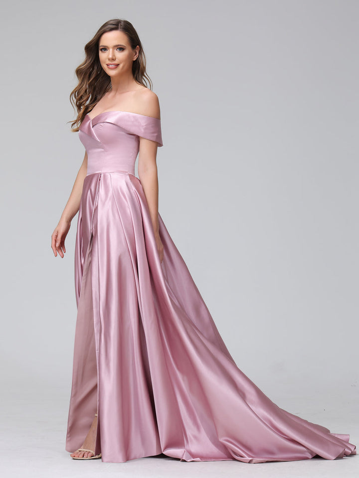 A-Line Off-the-Shoulder Long Satin Evening Dresses with Split Side &amp; Pockets