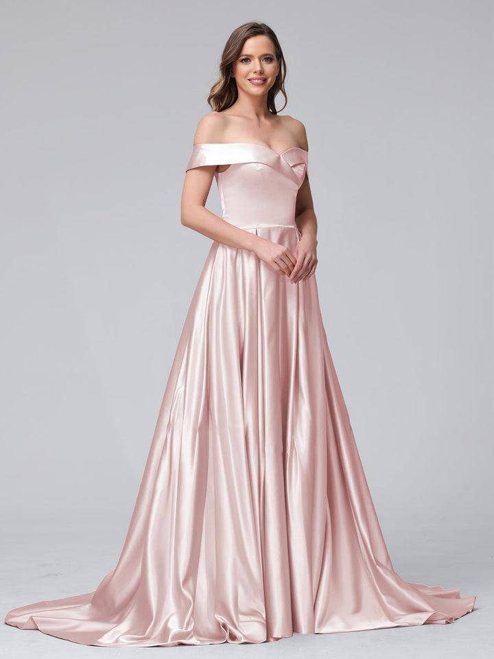 A-Line Off-the-Shoulder Long Satin Evening Dresses with Split Side &amp; Pockets