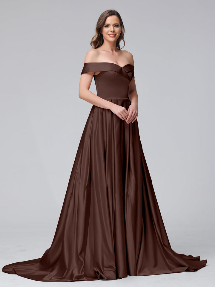 A-Line Off-the-Shoulder Long Satin Evening Dresses with Split Side &amp; Pockets