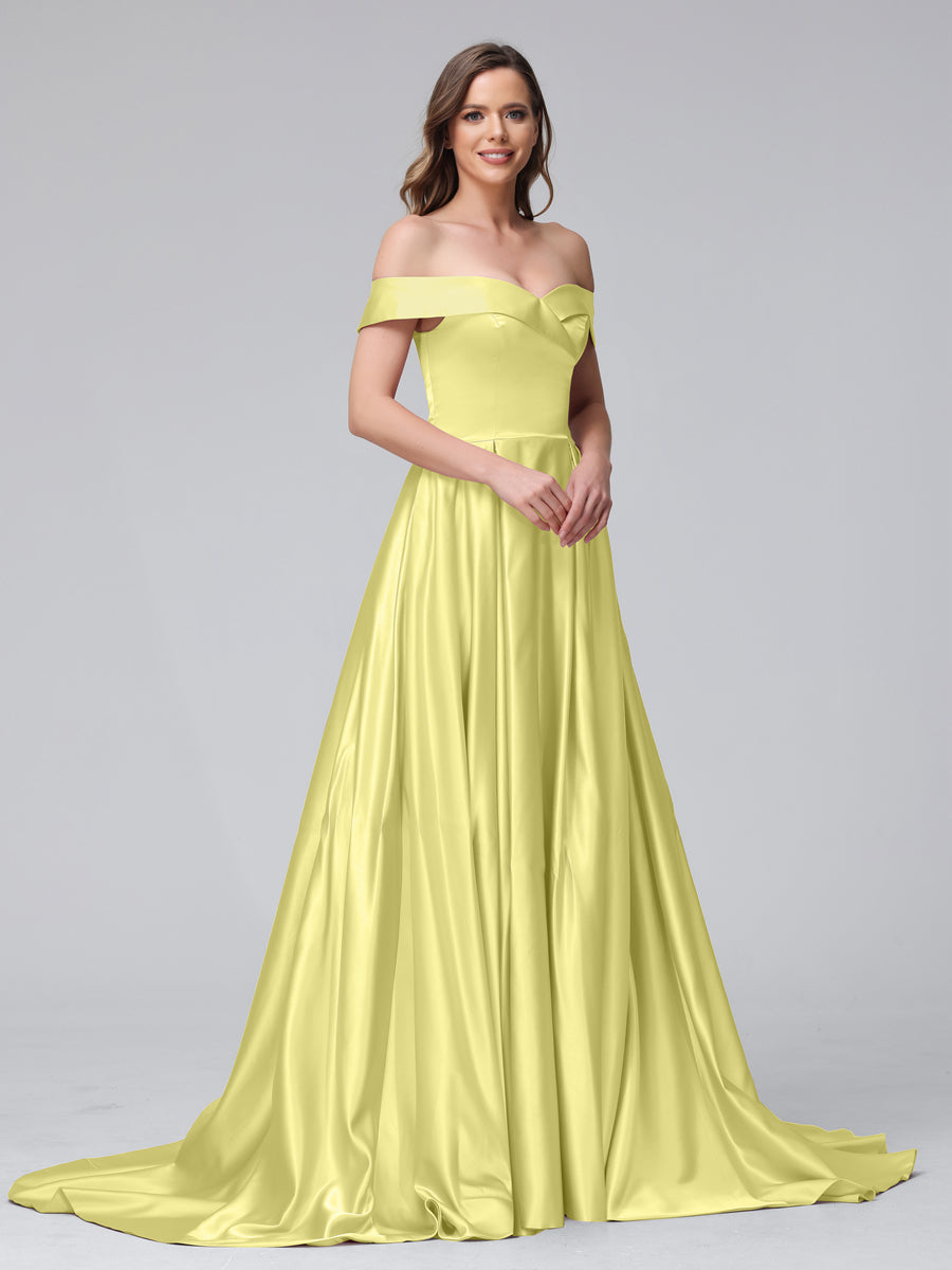 A-Line Off-the-Shoulder Long Satin Evening Dresses with Split Side &amp; Pockets