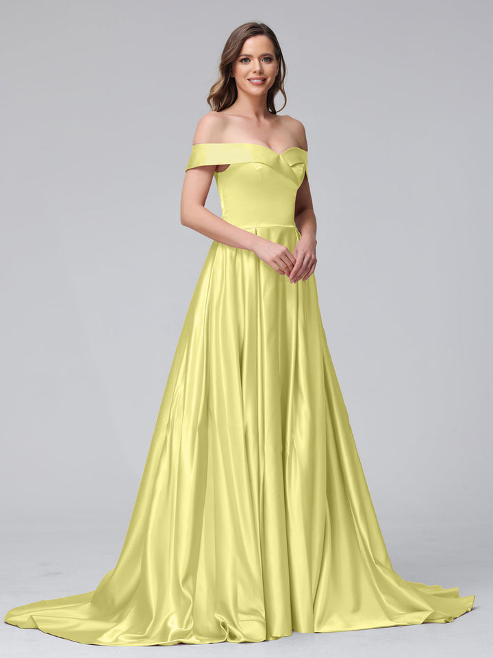 A-Line Off-the-Shoulder Long Satin Evening Dresses with Split Side &amp; Pockets
