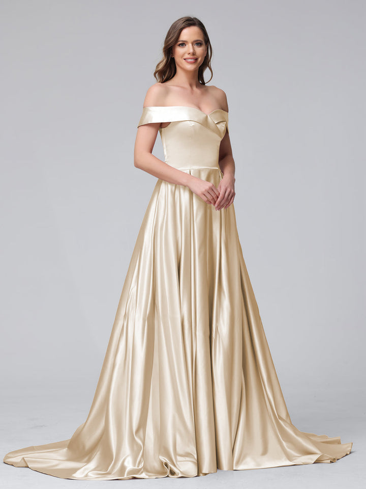 A-Line Off-the-Shoulder Long Satin Evening Dresses with Split Side &amp; Pockets