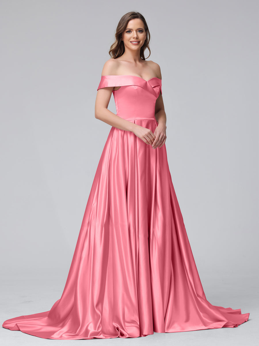 A-Line Off-the-Shoulder Long Satin Evening Dresses with Split Side &amp; Pockets