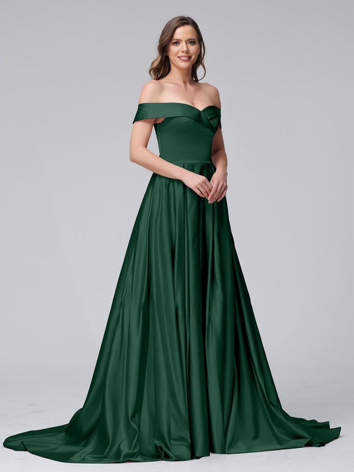 A-Line Off-the-Shoulder Long Satin Evening Dresses with Split Side &amp; Pockets