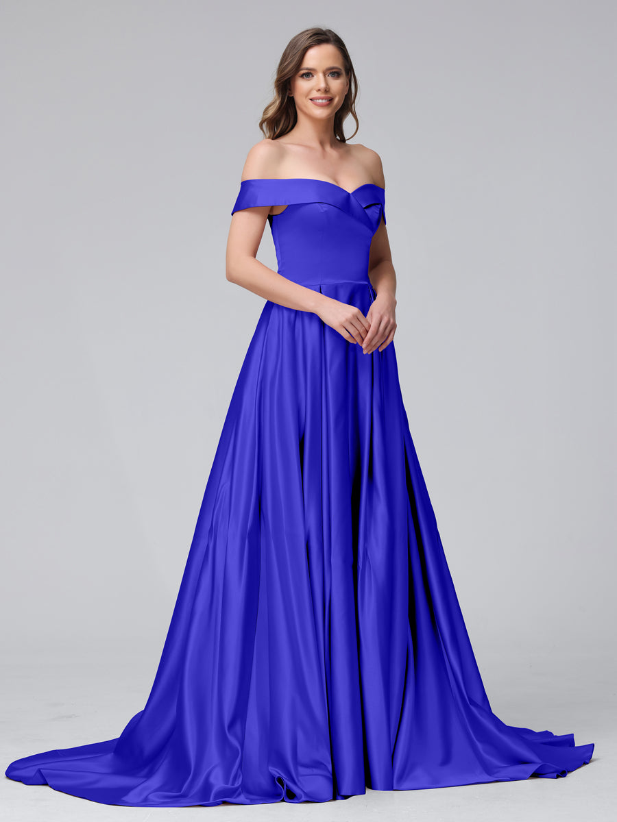 A-Line Off-the-Shoulder Long Satin Evening Dresses with Split Side &amp; Pockets