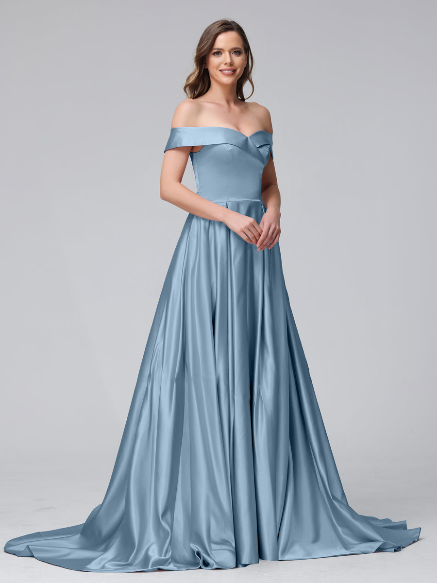 A-Line Off-the-Shoulder Long Satin Evening Dresses with Split Side &amp; Pockets