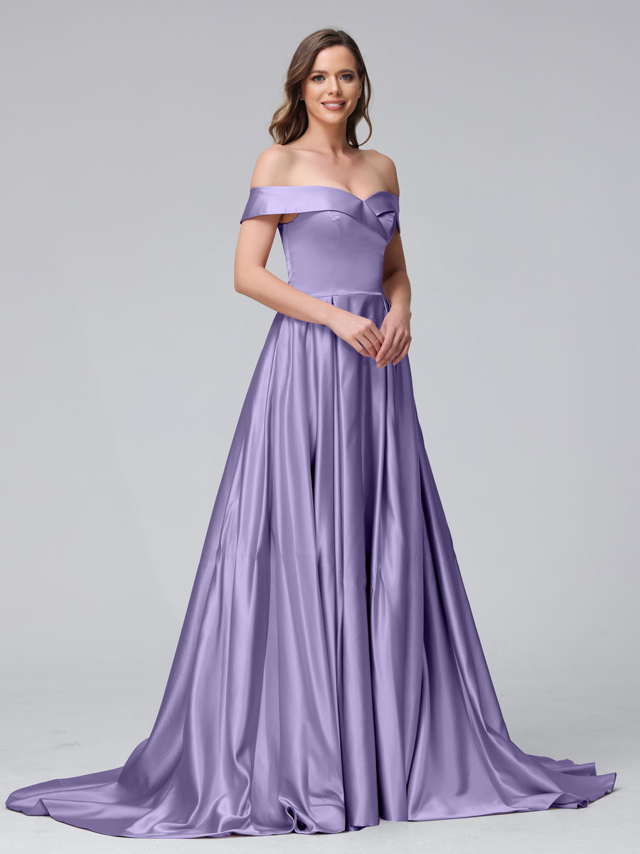 A-Line Off-the-Shoulder Long Satin Evening Dresses with Split Side &amp; Pockets