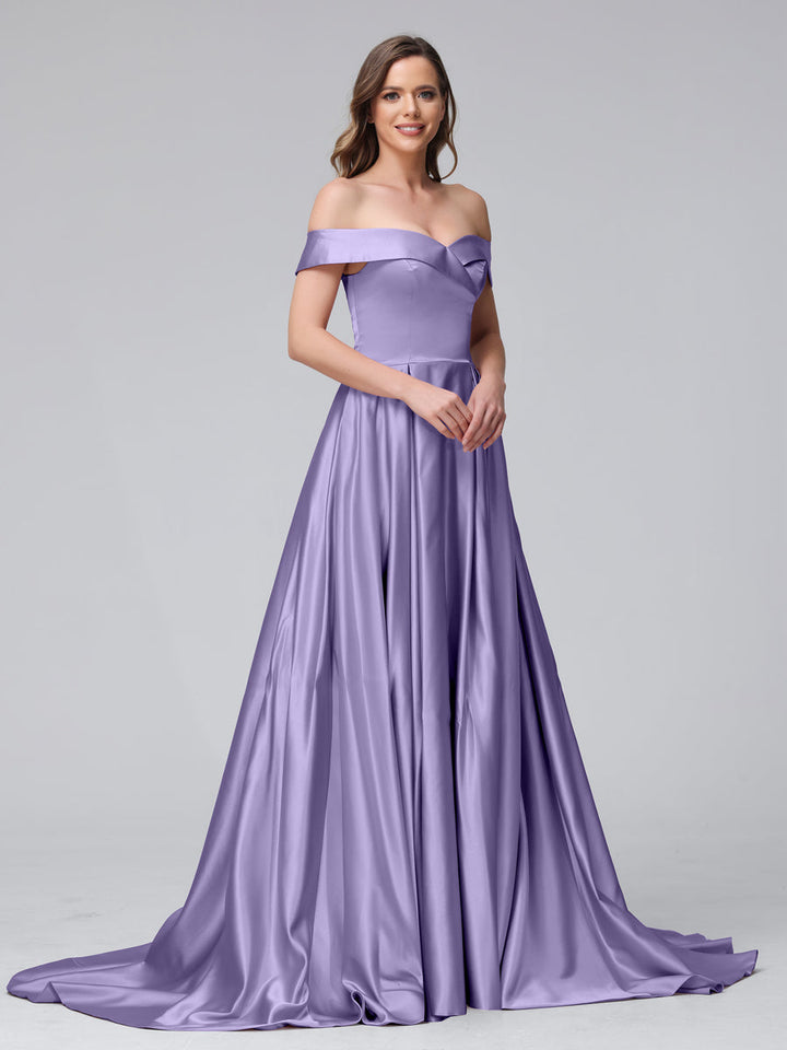 A-Line Off-the-Shoulder Long Satin Evening Dresses with Split Side &amp; Pockets