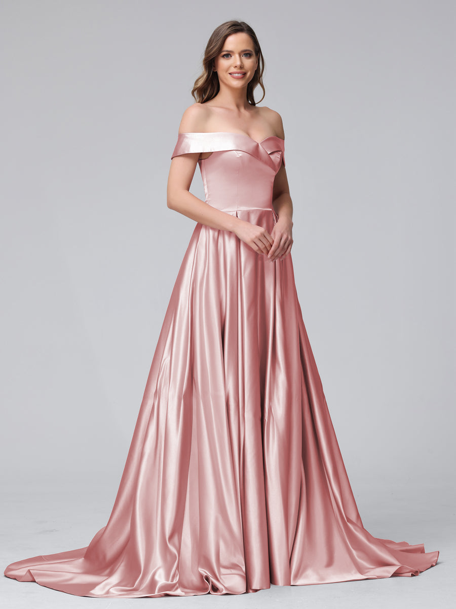 A-Line Off-the-Shoulder Long Satin Evening Dresses with Split Side &amp; Pockets