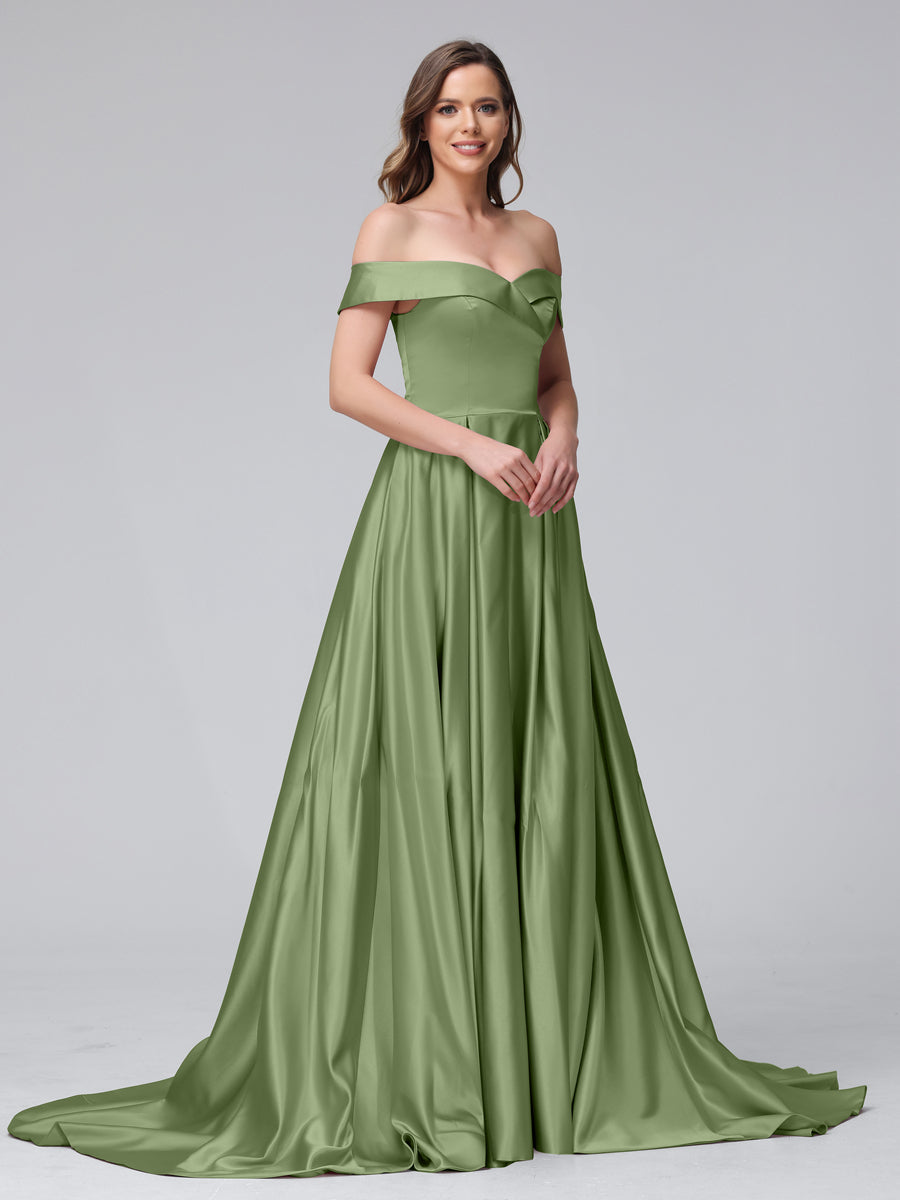 A-Line Off-the-Shoulder Long Satin Evening Dresses with Split Side &amp; Pockets