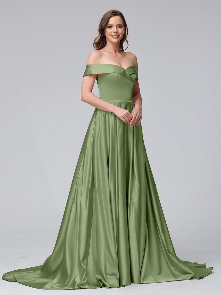 A-Line Off-the-Shoulder Long Satin Evening Dresses with Split Side &amp; Pockets