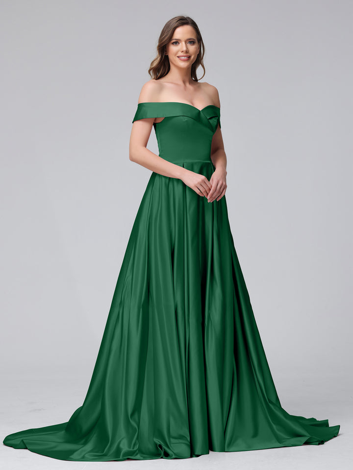 A-Line Off-the-Shoulder Long Satin Evening Dresses with Split Side &amp; Pockets