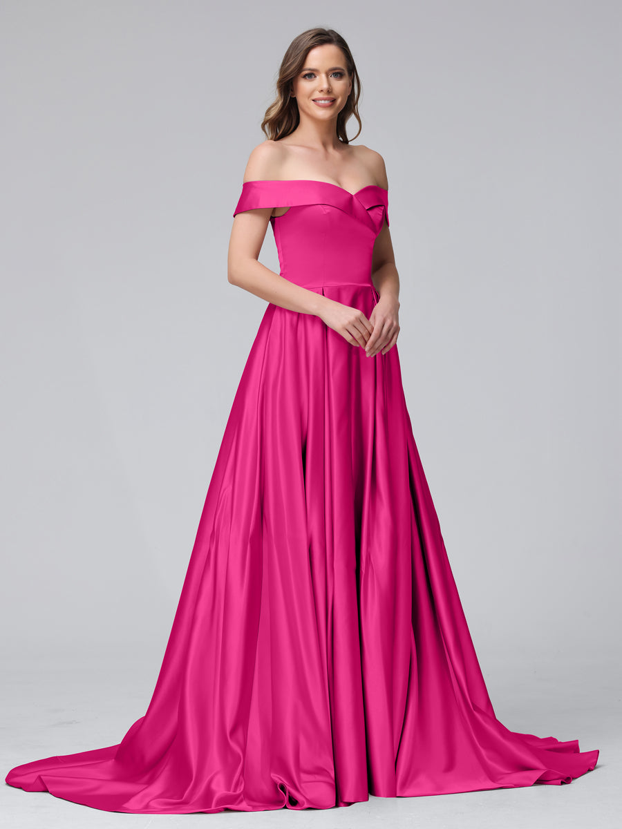 A-Line Off-the-Shoulder Long Satin Evening Dresses with Split Side &amp; Pockets
