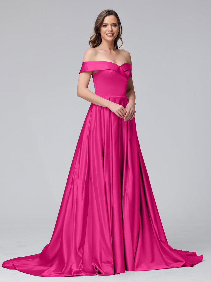 A-Line Off-the-Shoulder Long Satin Evening Dresses with Split Side &amp; Pockets
