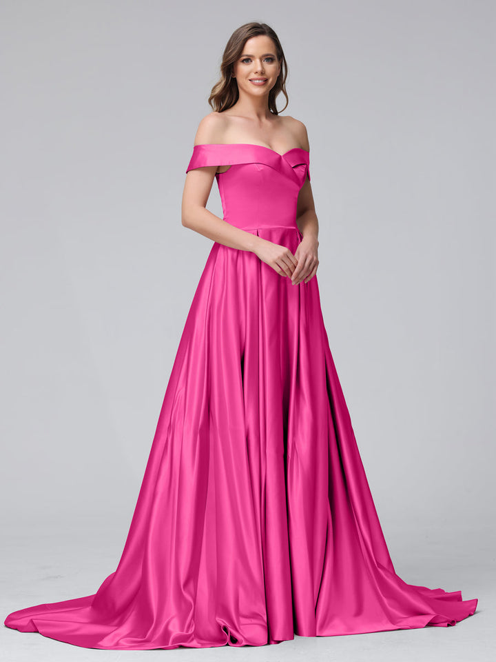 A-Line Off-the-Shoulder Long Satin Evening Dresses with Split Side &amp; Pockets