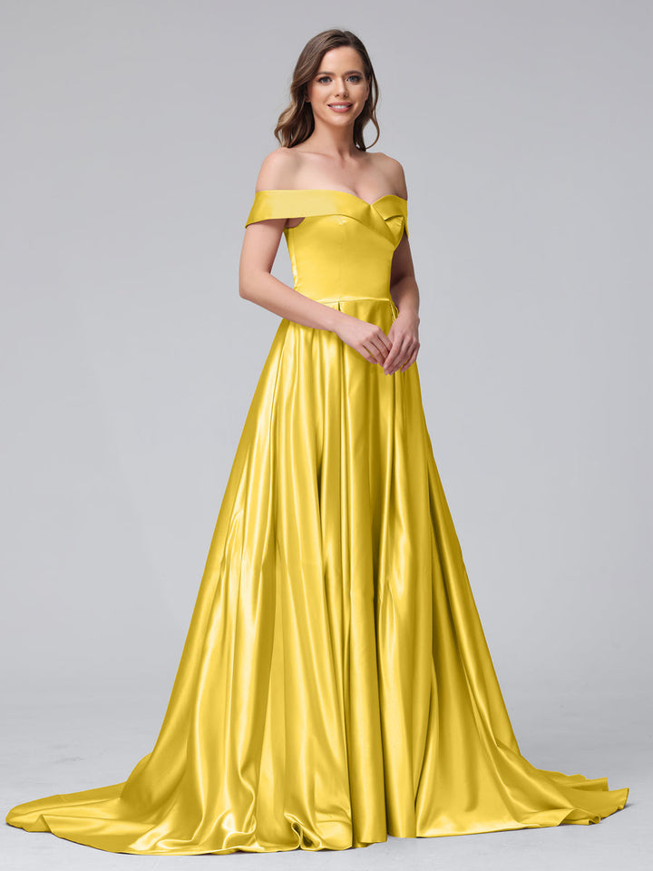 A-Line Off-the-Shoulder Long Satin Evening Dresses with Split Side &amp; Pockets