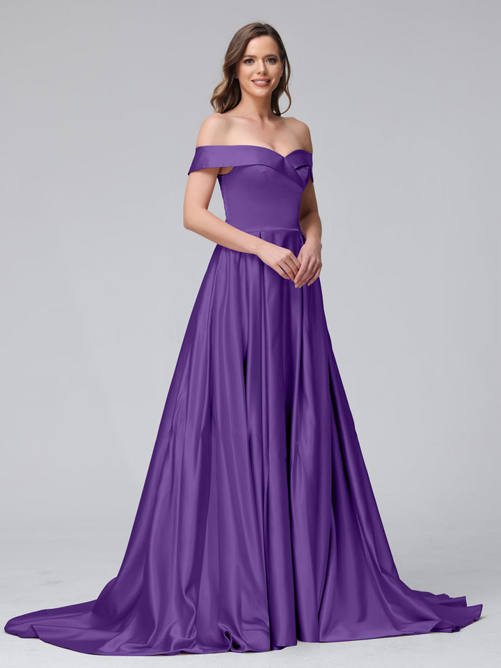 A-Line Off-the-Shoulder Long Satin Evening Dresses with Split Side &amp; Pockets