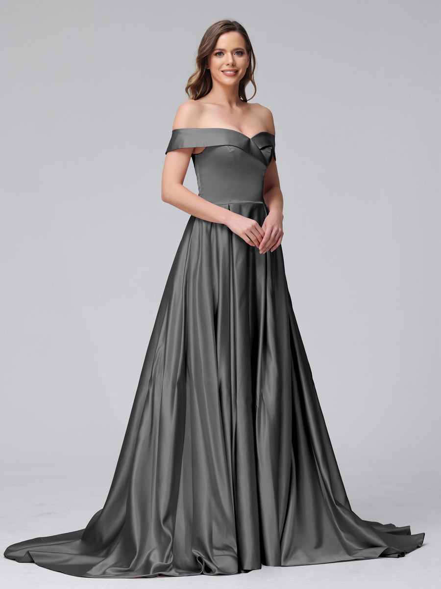 A-Line Off-the-Shoulder Long Satin Evening Dresses with Split Side &amp; Pockets