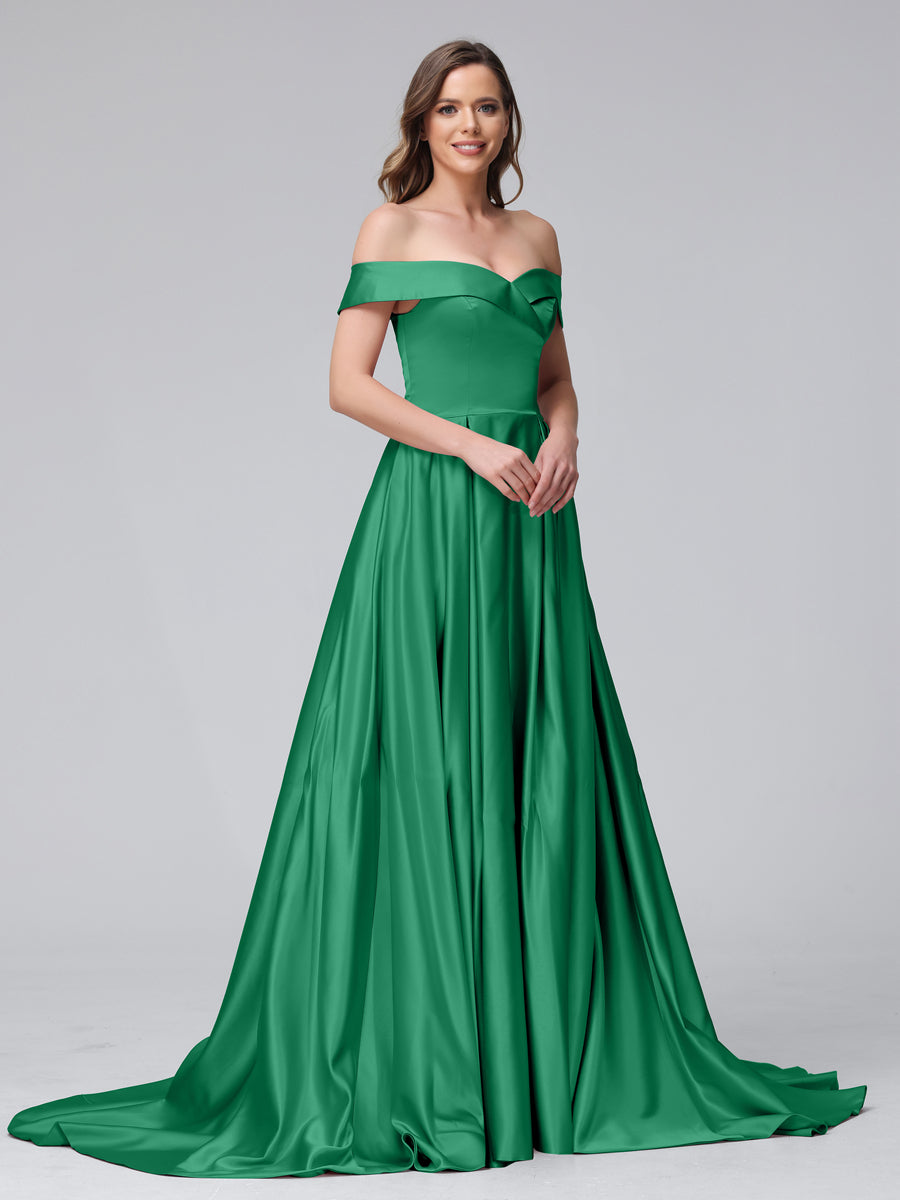 A-Line Off-the-Shoulder Long Satin Evening Dresses with Split Side &amp; Pockets