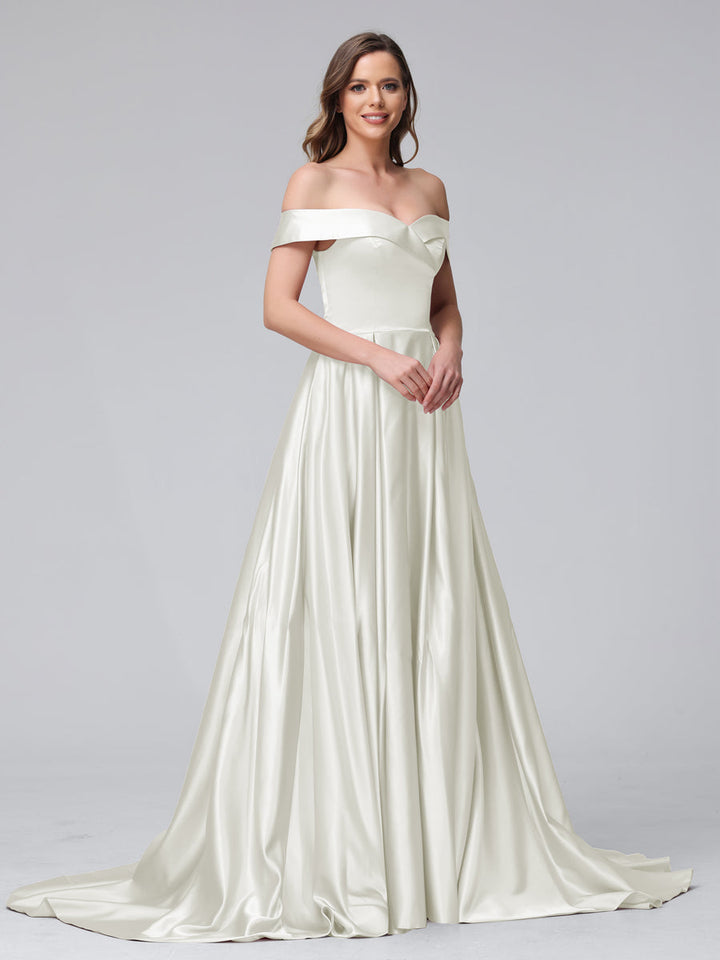 A-Line Off-the-Shoulder Long Satin Evening Dresses with Split Side &amp; Pockets