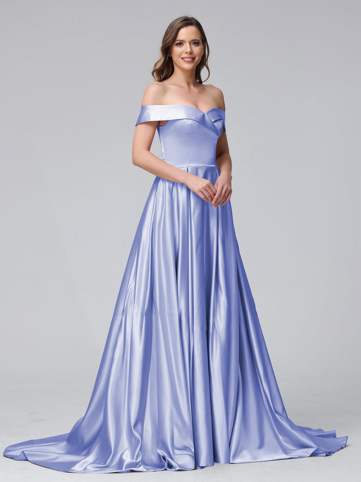 A-Line Off-the-Shoulder Long Satin Evening Dresses with Split Side &amp; Pockets