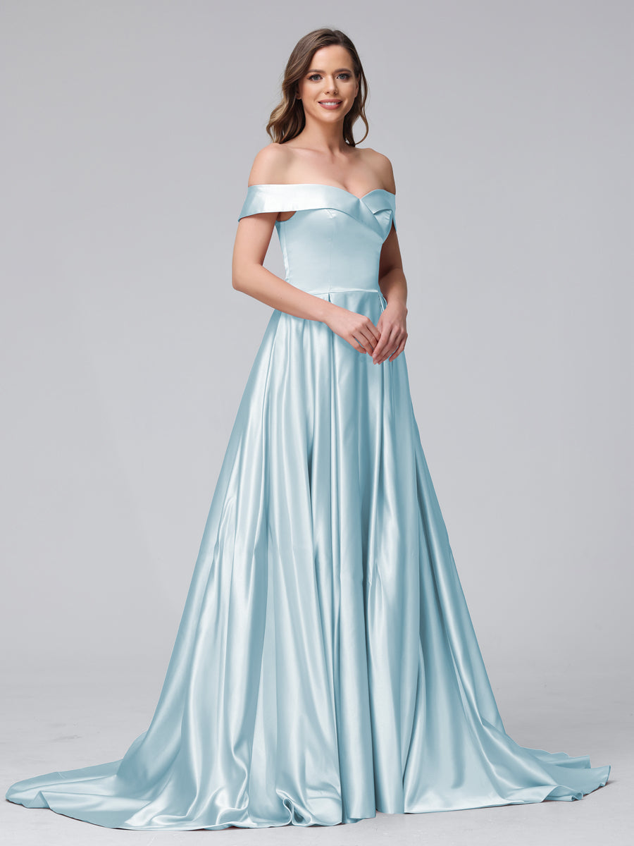 A-Line Off-the-Shoulder Long Satin Evening Dresses with Split Side &amp; Pockets