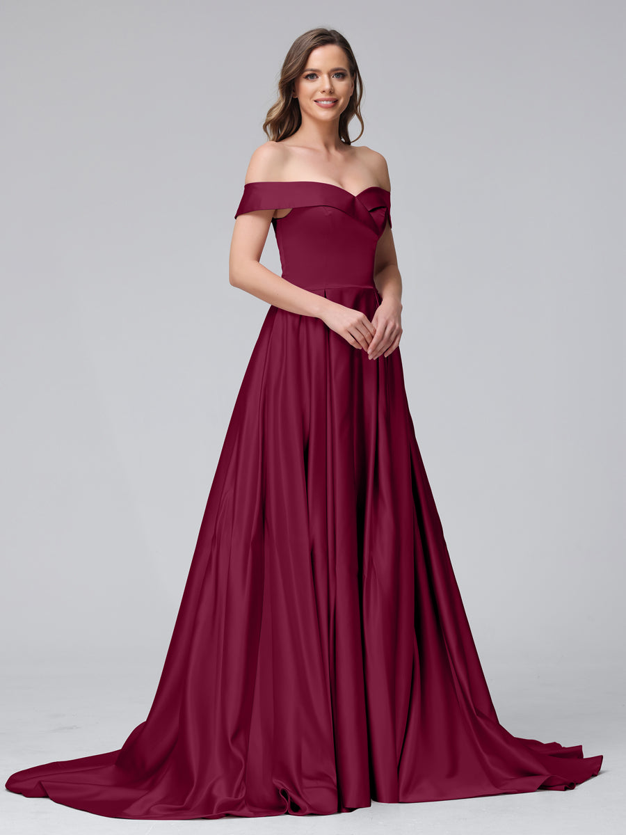 A-Line Off-the-Shoulder Long Satin Evening Dresses with Split Side &amp; Pockets