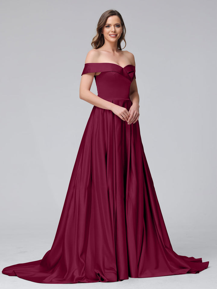 A-Line Off-the-Shoulder Long Satin Evening Dresses with Split Side &amp; Pockets