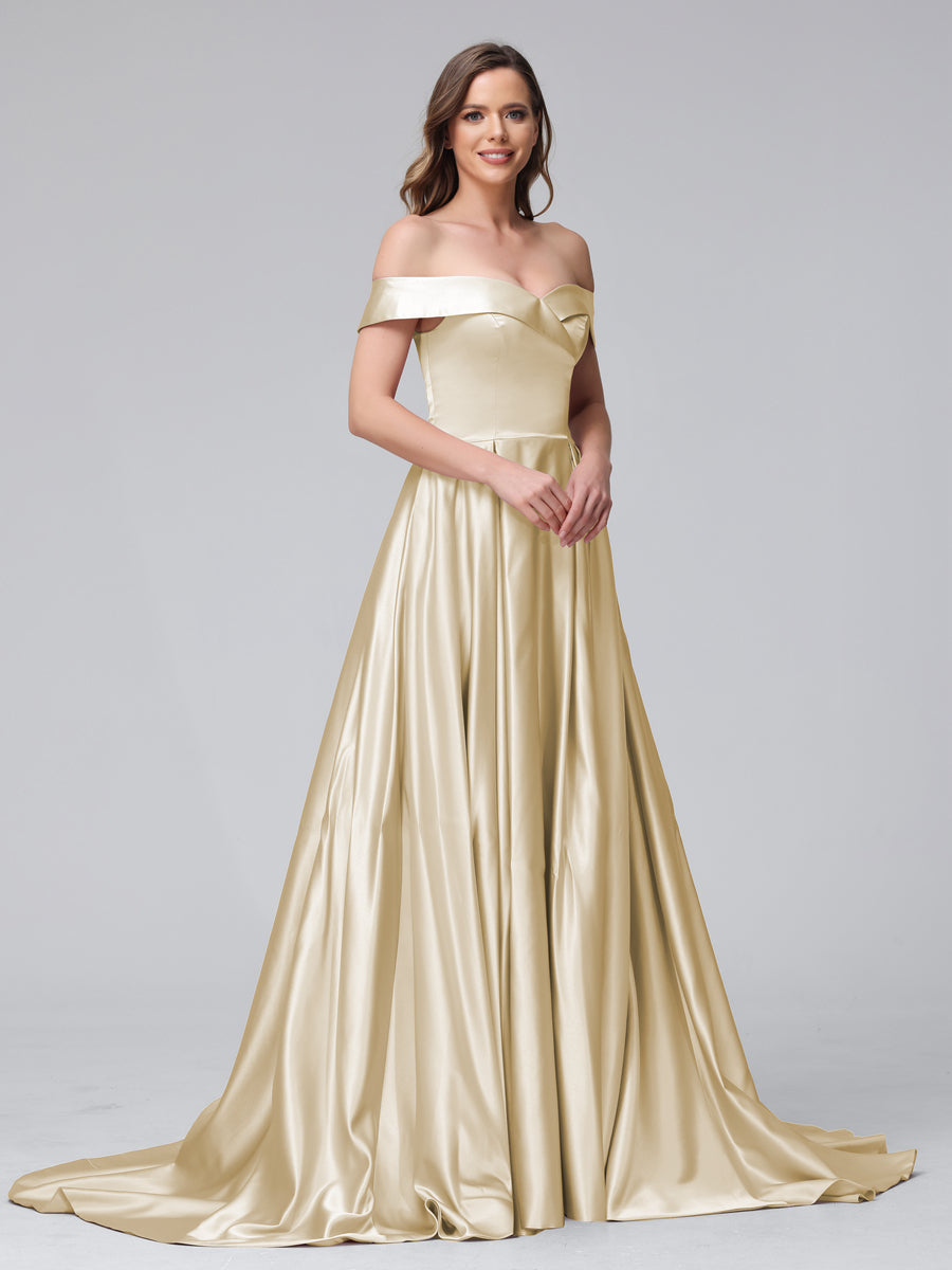 A-Line Off-the-Shoulder Long Satin Evening Dresses with Split Side &amp; Pockets