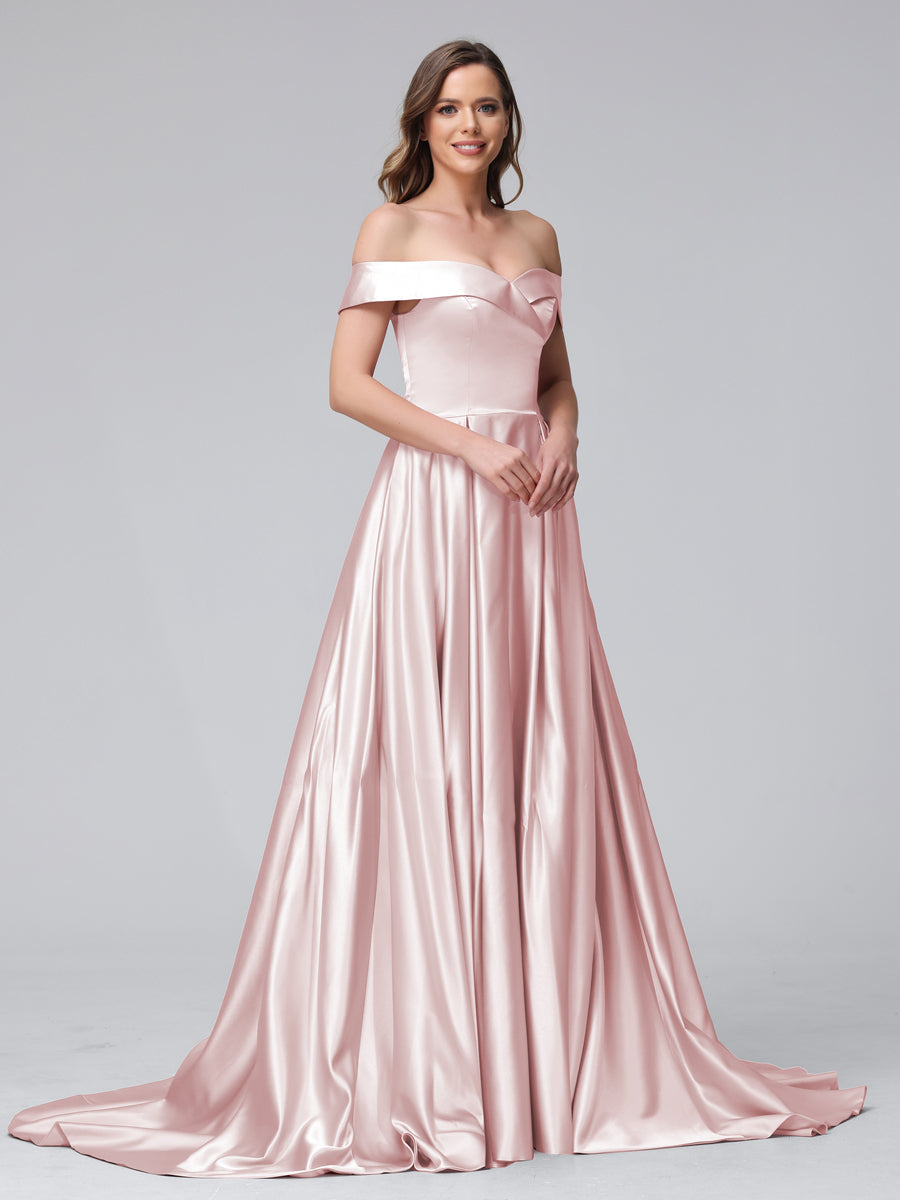 A-Line Off-the-Shoulder Long Satin Evening Dresses with Split Side &amp; Pockets