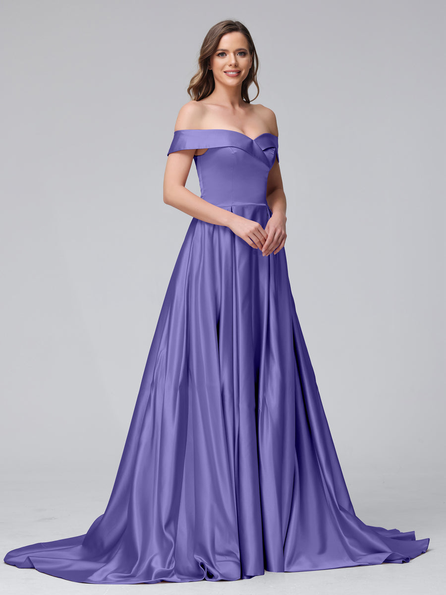 A-Line Off-the-Shoulder Long Satin Evening Dresses with Split Side &amp; Pockets