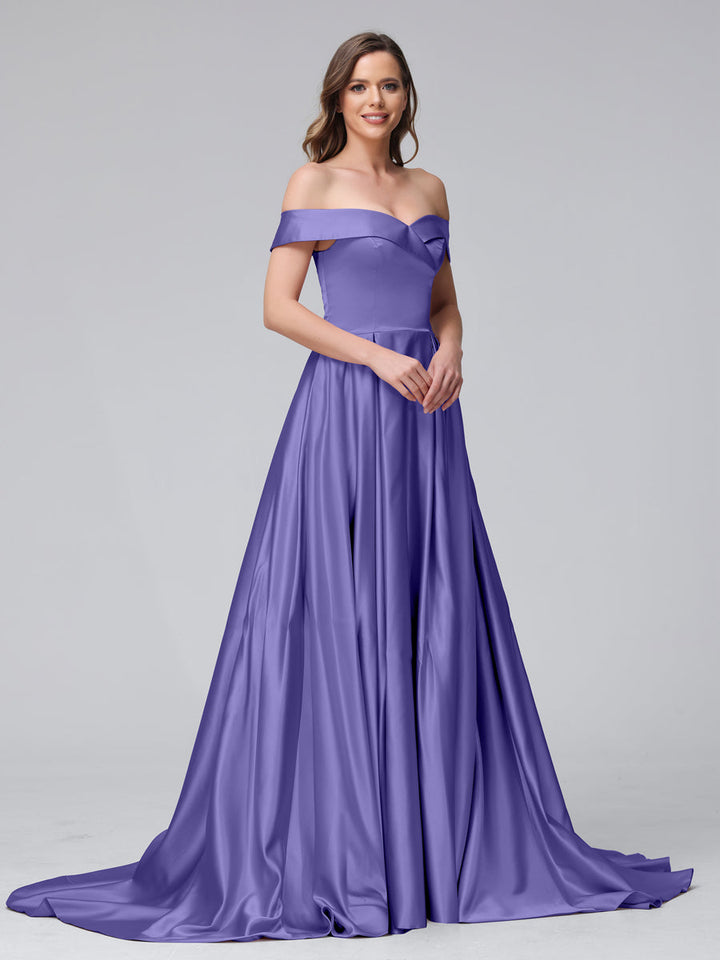 A-Line Off-the-Shoulder Long Satin Evening Dresses with Split Side &amp; Pockets