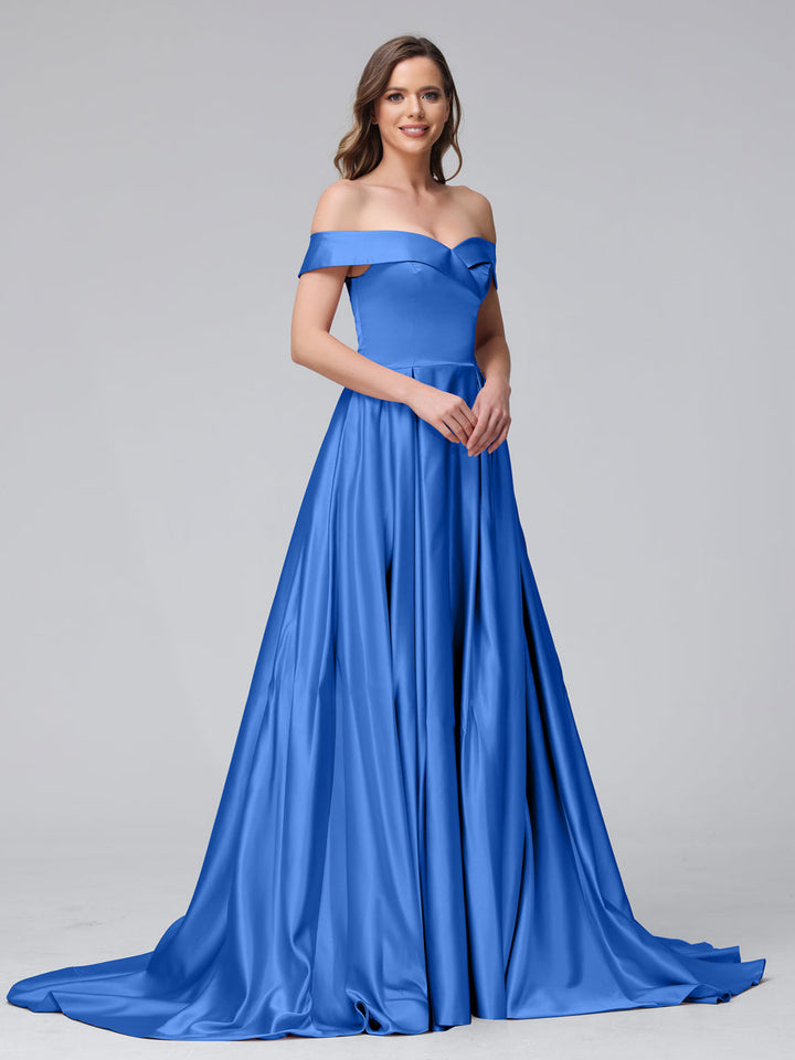 A-Line Off-the-Shoulder Long Satin Evening Dresses with Split Side &amp; Pockets