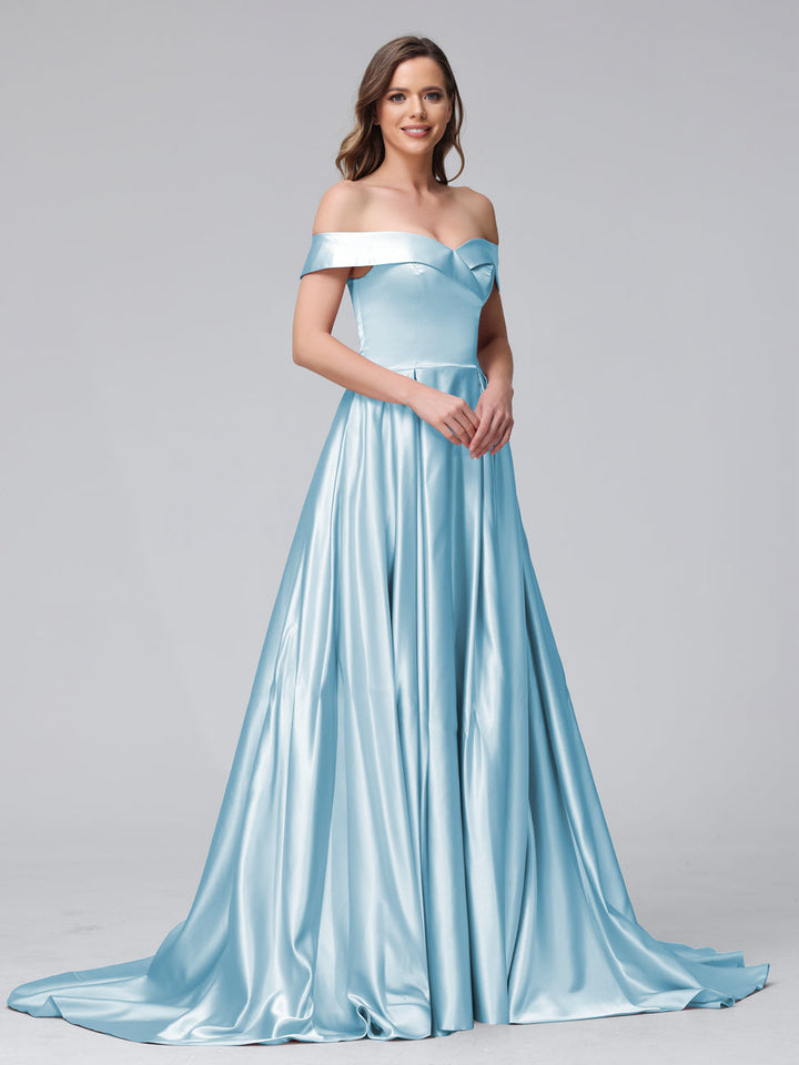A-Line Off-the-Shoulder Long Satin Evening Dresses with Split Side &amp; Pockets