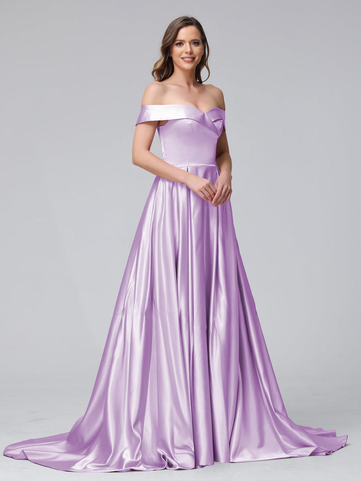 A-Line Off-the-Shoulder Long Satin Evening Dresses with Split Side &amp; Pockets